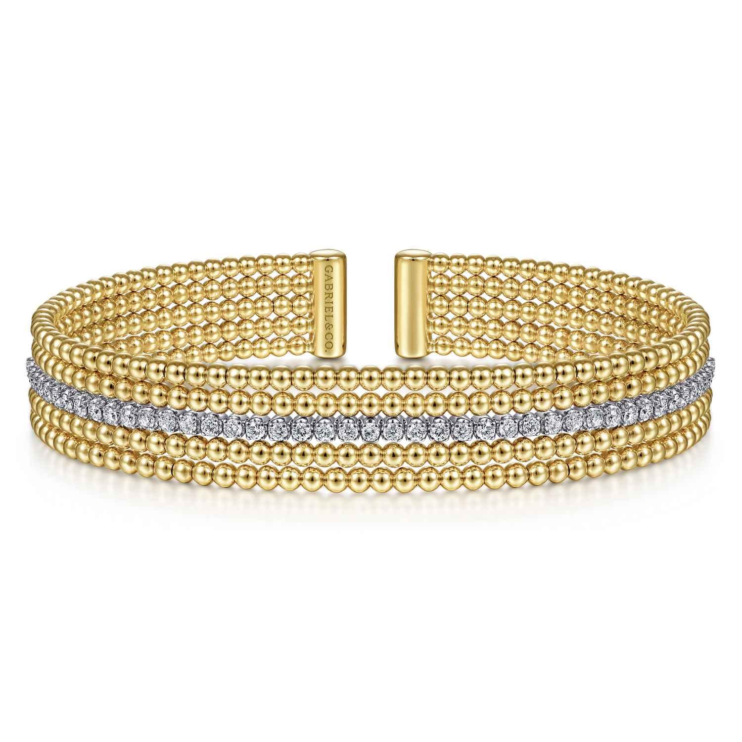Wide 14K White-Yellow Gold Bujukan Diamond Cuff Bangle - 0.64 ct - Shot 1