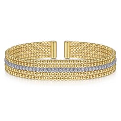 Wide 14K White-Yellow Gold Bujukan Diamond Cuff Bangle
