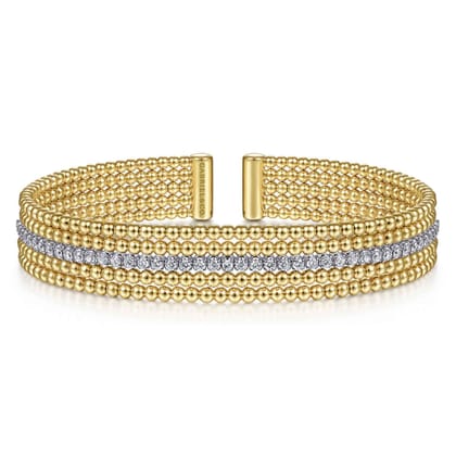 Wide 14K White-Yellow Gold Bujukan Diamond Cuff Bangle