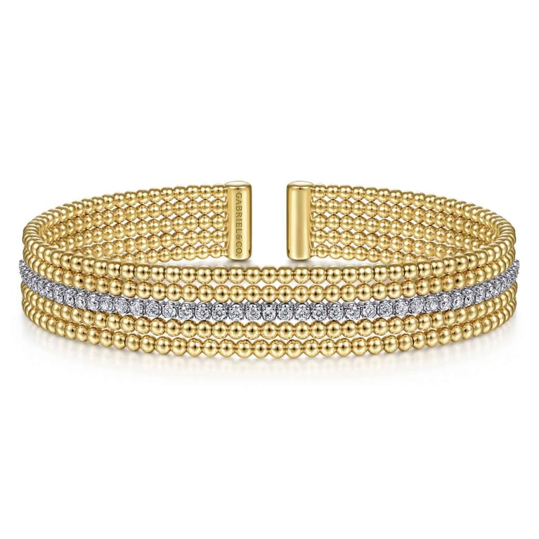 Wide 14K White-Yellow Gold Bujukan Diamond Cuff Bangle - 0.64 ct - Shot 1