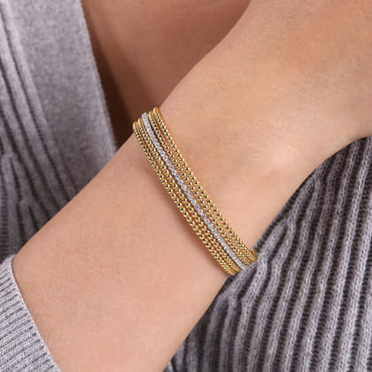 Wide 14K White-Yellow Gold Bujukan Diamond Cuff Bangle