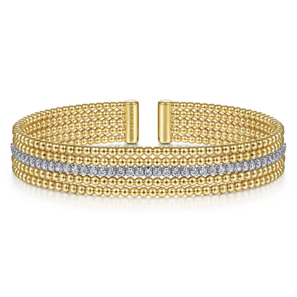 Wide 14K White-Yellow Gold Bujukan Diamond Cuff Bangle