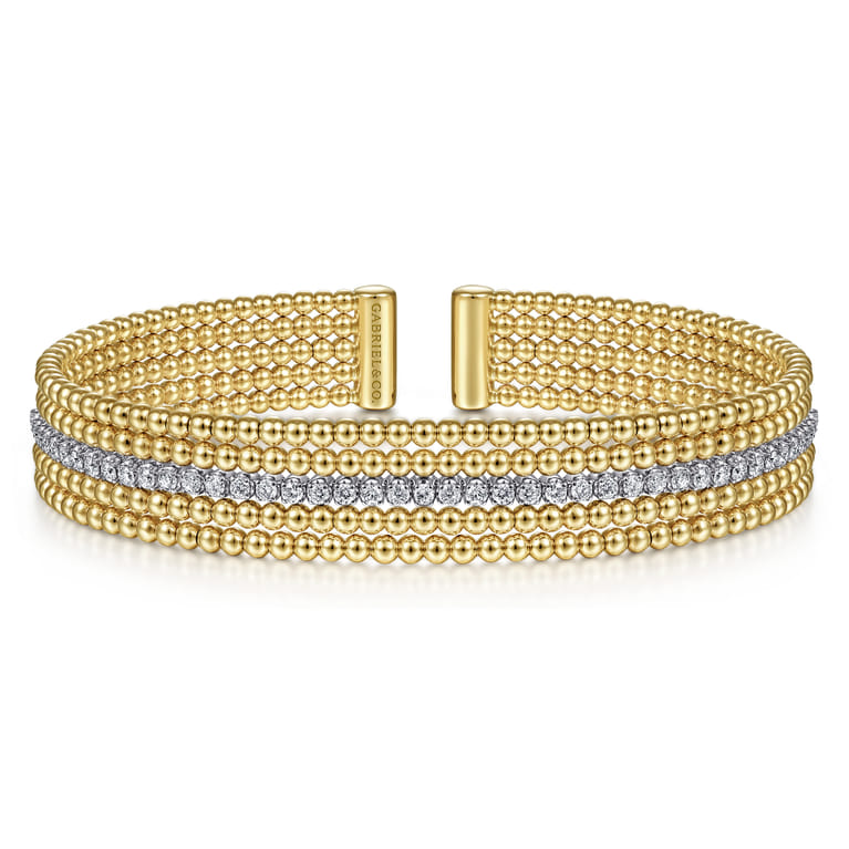 Wide 14K White-Yellow Gold Bujukan Diamond Cuff Bangle - 0.64 ct - Shot 1