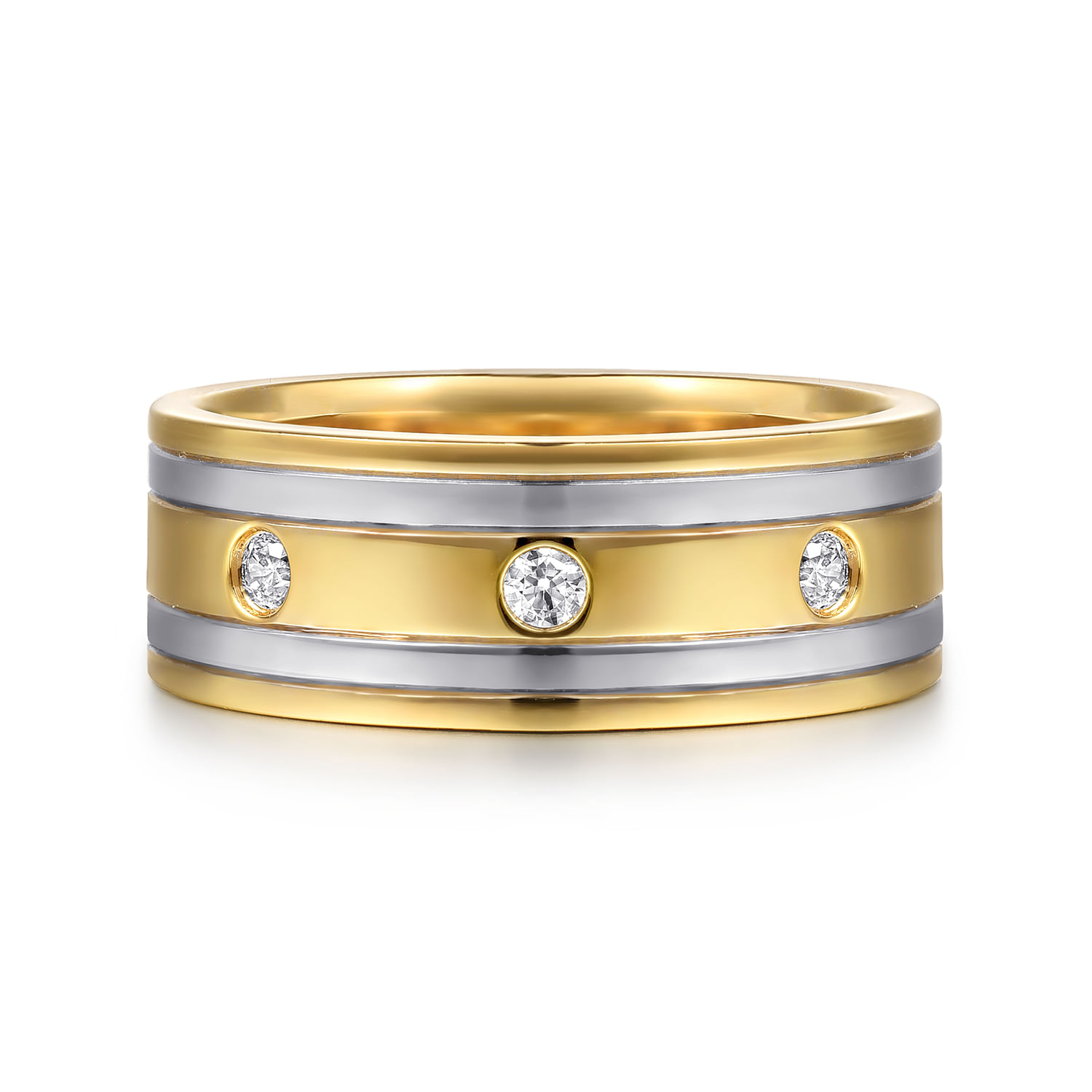 Wide 14K White-Yellow Gold Diamond Mens Band in High Polish Finish
