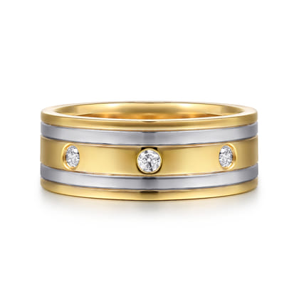 Wide 14K White-Yellow Gold Diamond Mens Band in High Polish Finish