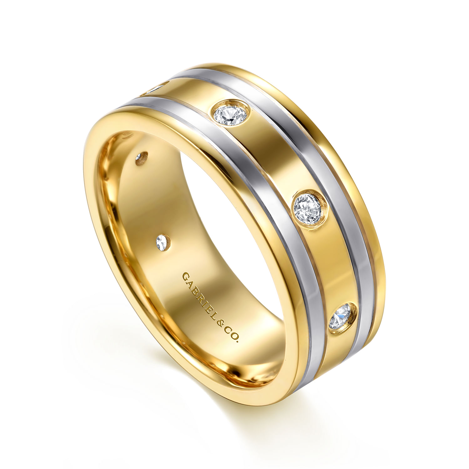 Wide 14K White-Yellow Gold Diamond Mens Band in High Polish Finish