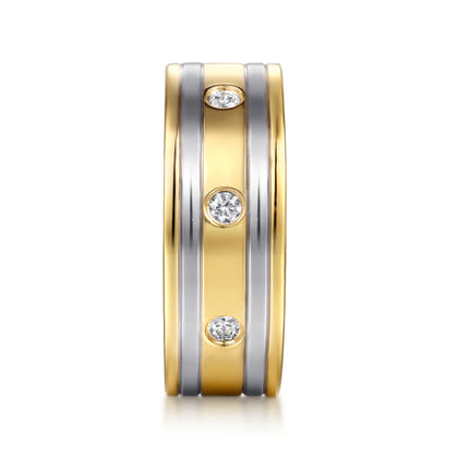 Wide 14K White-Yellow Gold Diamond Mens Band in High Polish Finish