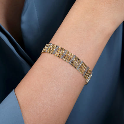 Wide 14K White-Yellow Gold Multi Row Diamond Bujukan Bangle