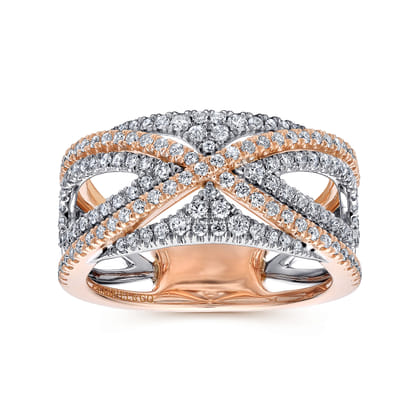 Wide 14K White and Rose Gold French Pave Set Diamond Anniversary Band