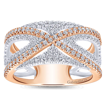 Wide 14K White and Rose Gold French Pave Set Diamond Anniversary Band