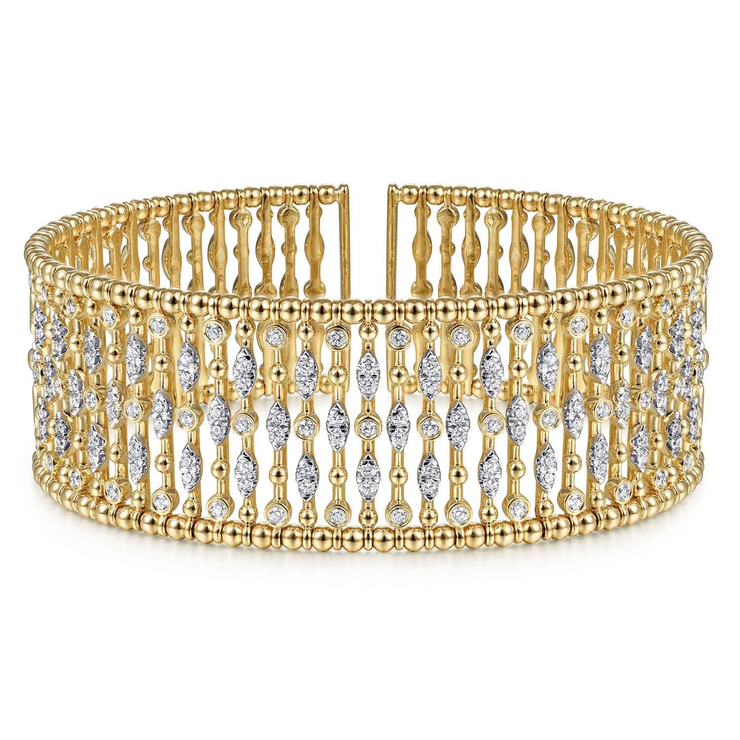 Wide 14K Yellow Gold Cage Cuff Bracelet with Diamond Stations - 1.43 ct - Shot 1