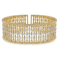 Wide 14K Yellow Gold Cage Cuff Bracelet with Diamond Stations