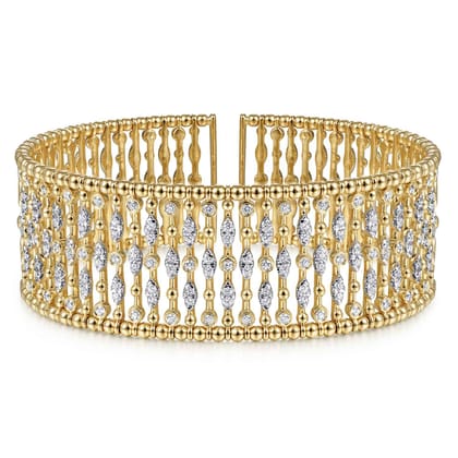 Wide 14K Yellow Gold Cage Cuff Bracelet with Diamond Stations
