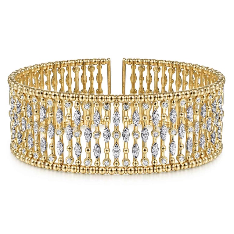Wide 14K Yellow Gold Cage Cuff Bracelet with Diamond Stations - 1.43 ct - Shot 1
