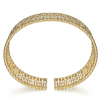 Wide 14K Yellow Gold Cage Cuff Bracelet with Diamond Stations