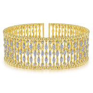Wide 14K Yellow Gold Cage Cuff Bracelet with Diamond Stations