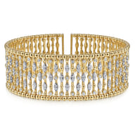 Wide 14K Yellow Gold Cage Cuff Bracelet with Diamond Stations