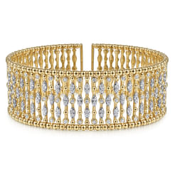 Wide 14K Yellow Gold Cage Cuff Bracelet with Diamond Stations
