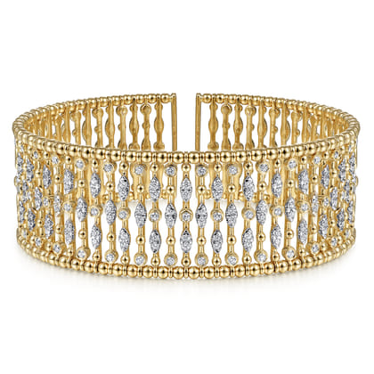 Wide 14K Yellow Gold Cage Cuff Bracelet with Diamond Stations
