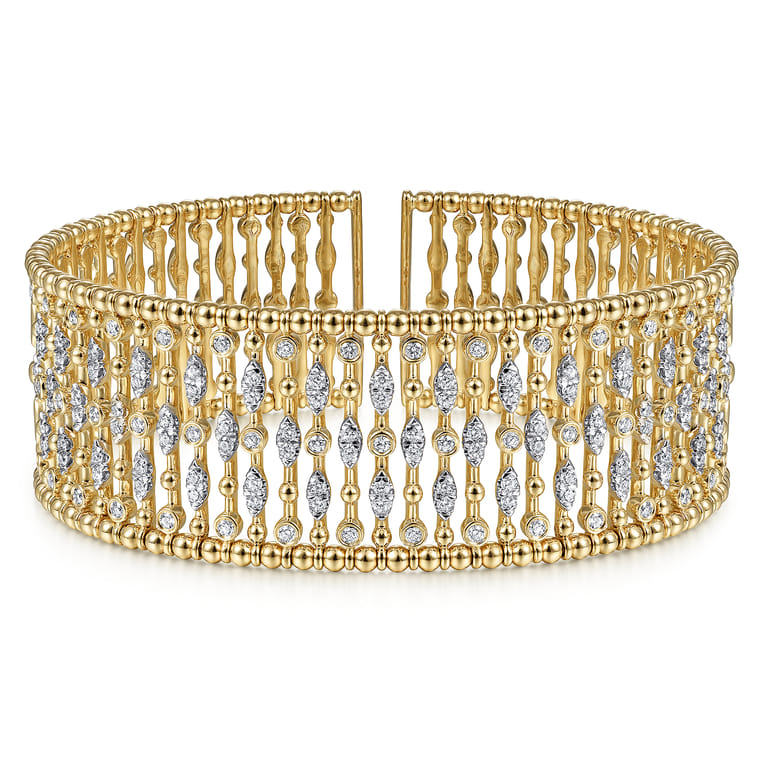 Wide 14K Yellow Gold Cage Cuff Bracelet with Diamond Stations - 1.5 ct - Shot 1