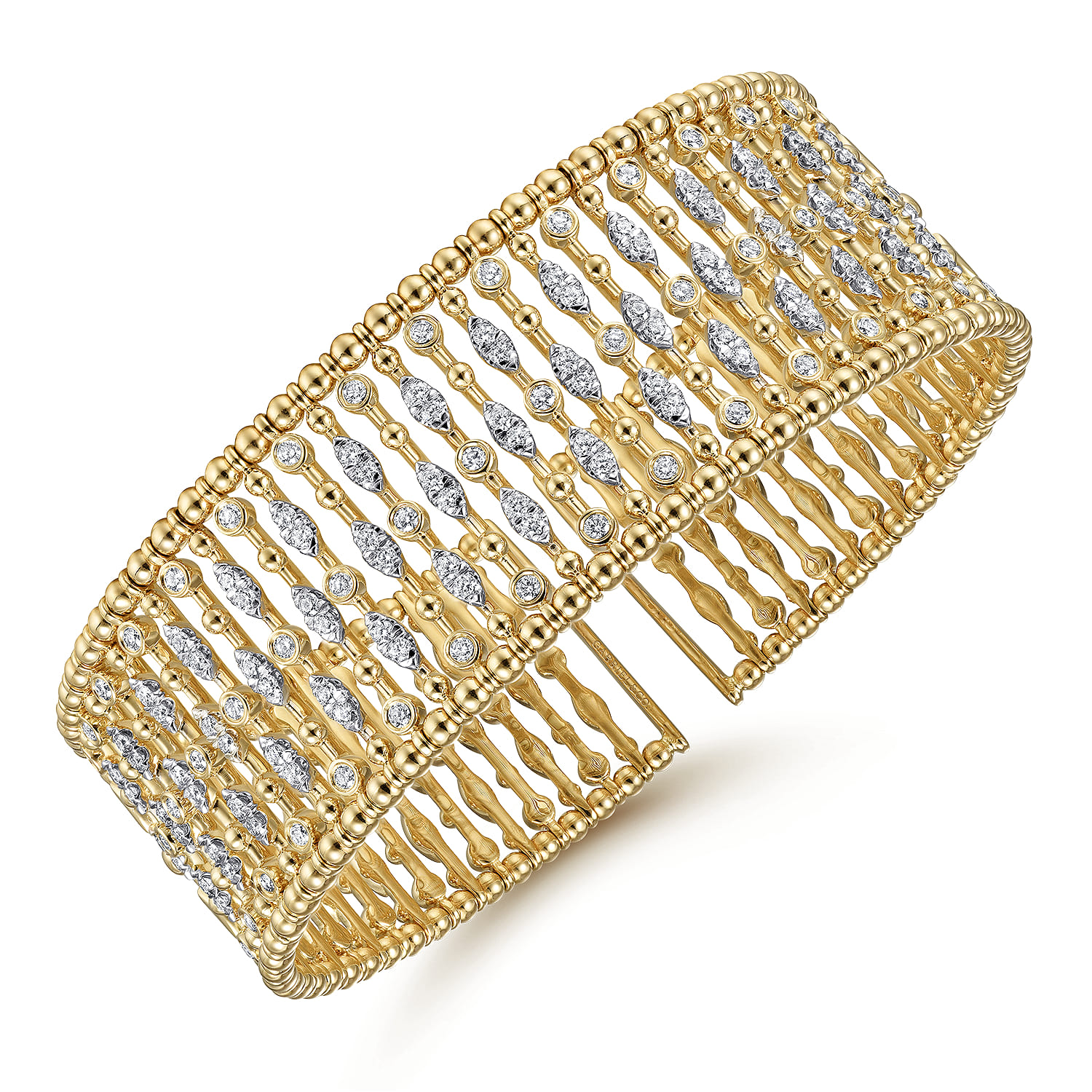 Wide 14K Yellow Gold Cage Cuff Bracelet with Diamond Stations - 1.5 ct - Shot 2