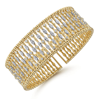Wide 14K Yellow Gold Cage Cuff Bracelet with Diamond Stations