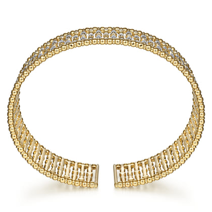 Wide 14K Yellow Gold Cage Cuff Bracelet with Diamond Stations