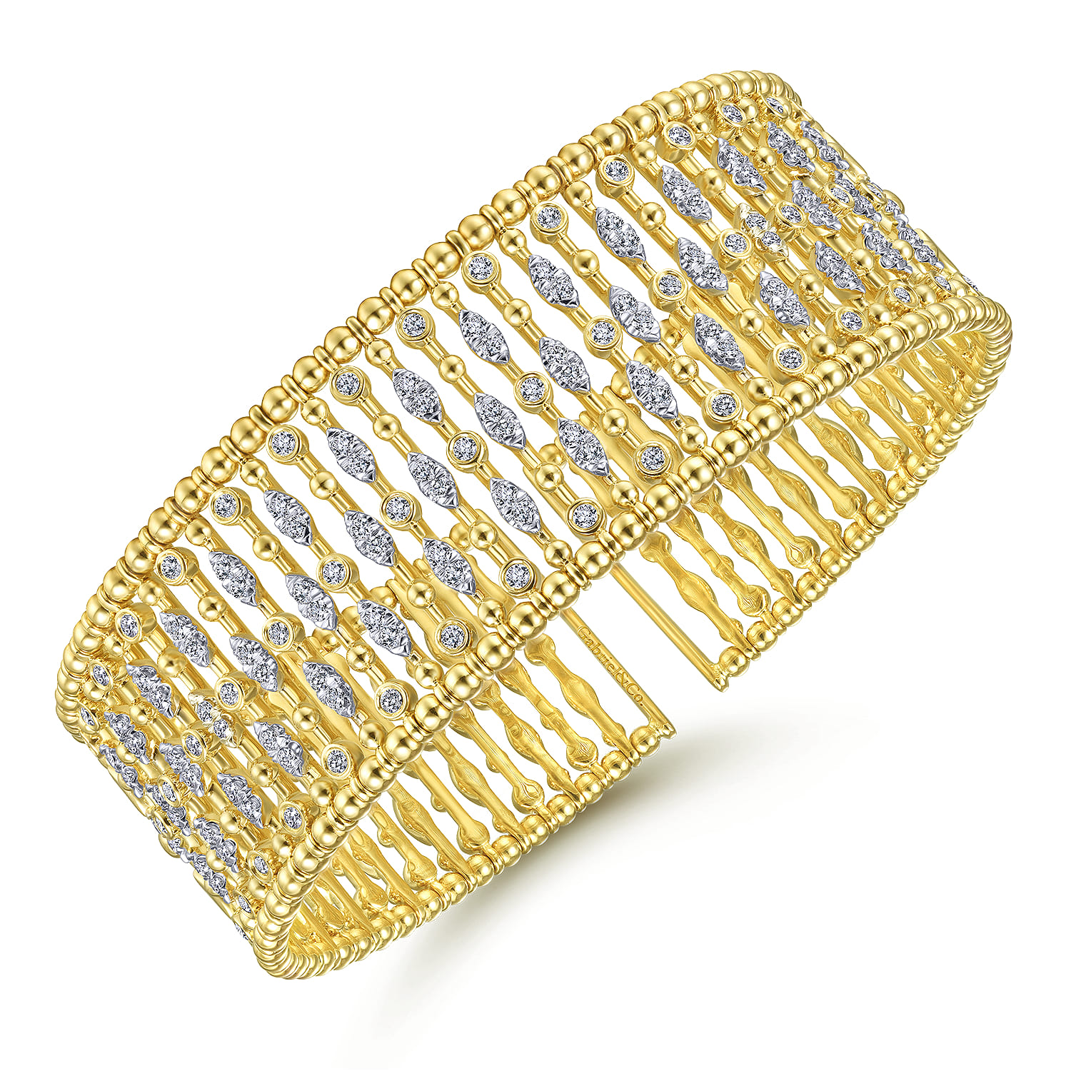 Wide 14K Yellow Gold Cage Cuff Bracelet with Diamond Stations - 1.43 ct - Shot 2