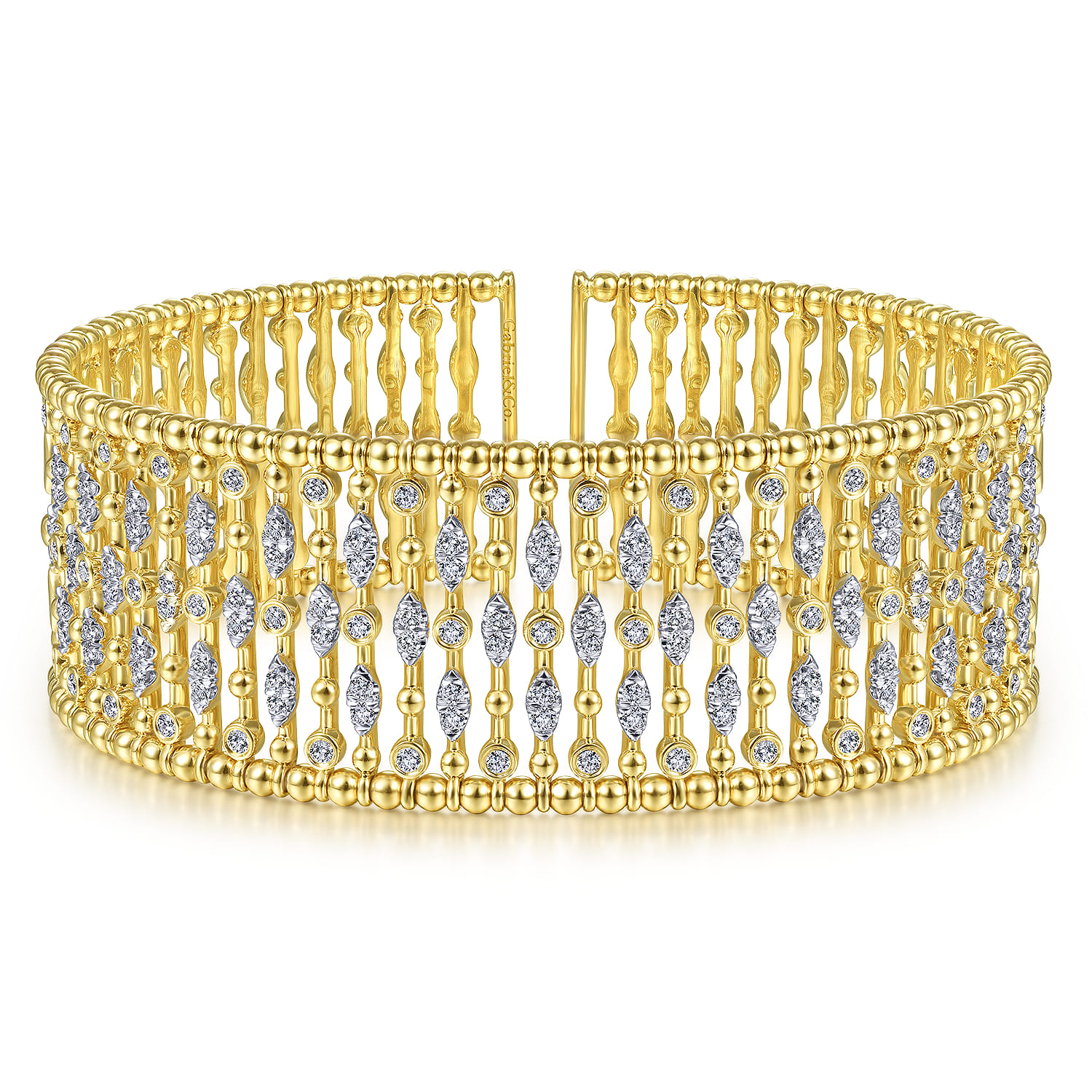 Wide 14K Yellow Gold Cage Cuff Bracelet with Diamond Stations - 1.5 ct - Shot 1