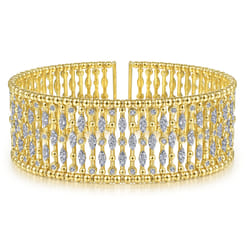 Wide 14K Yellow Gold Cage Cuff Bracelet with Diamond Stations