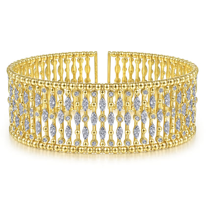 Wide 14K Yellow Gold Cage Cuff Bracelet with Diamond Stations