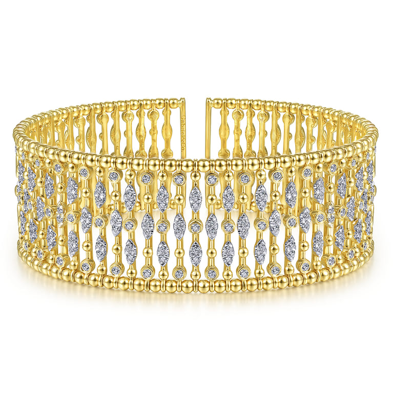 Wide 14K Yellow Gold Cage Cuff Bracelet with Diamond Stations - 1.5 ct - Shot 1