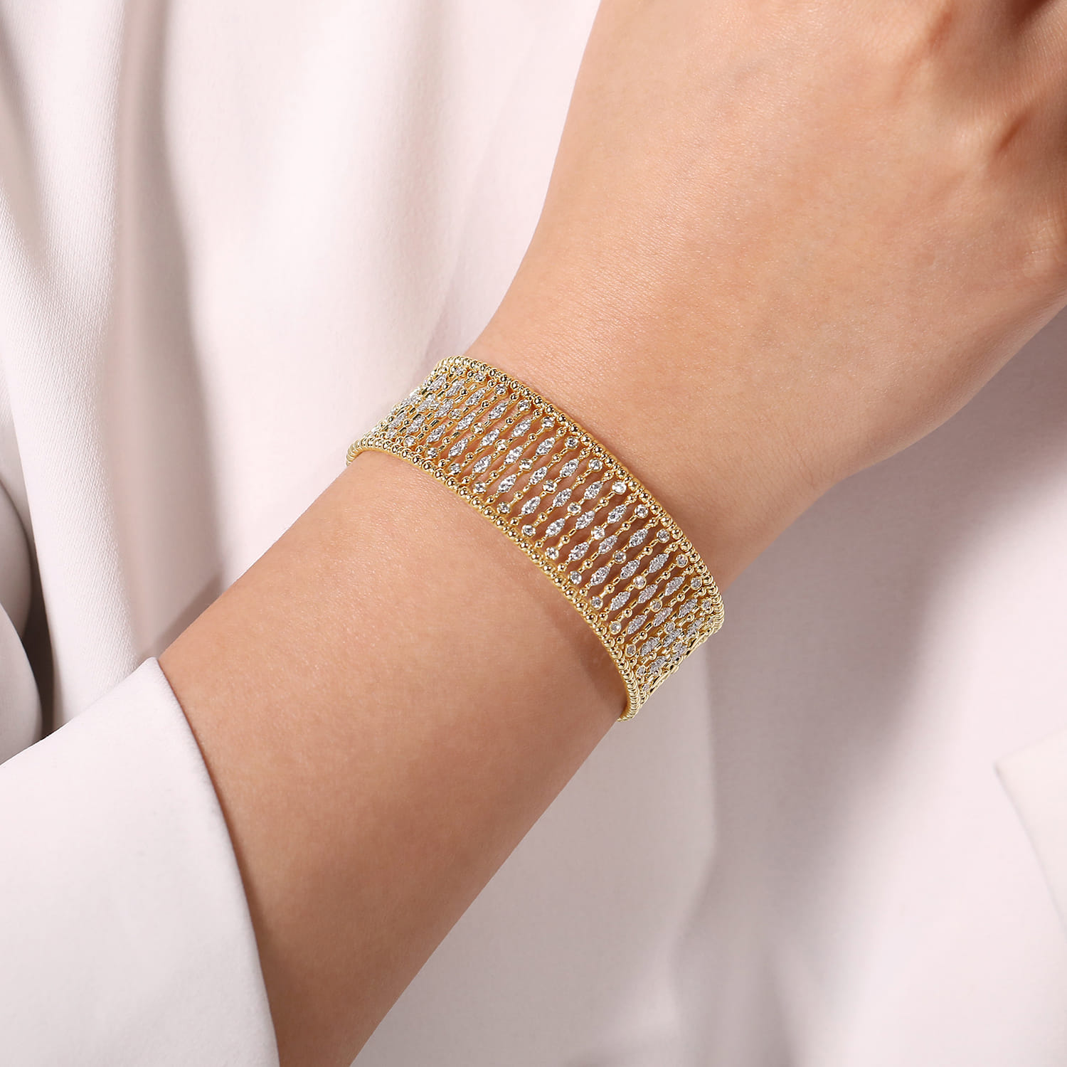 Wide 14K Yellow Gold Cage Cuff Bracelet with Diamond Stations - 1.5 ct - Shot 4