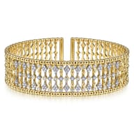 Wide 14K Yellow Gold Cage Cuff Bracelet with Diamond Stations