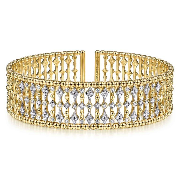 Wide 14K Yellow Gold Cage Cuff Bracelet with Diamond Stations - 0.86 ct - Shot 1