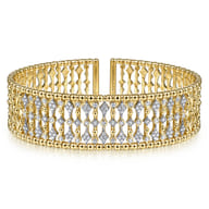 Wide 14K Yellow Gold Cage Cuff Bracelet with Diamond Stations