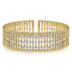 Wide 14K Yellow Gold Cage Cuff Bracelet with Diamond Stations