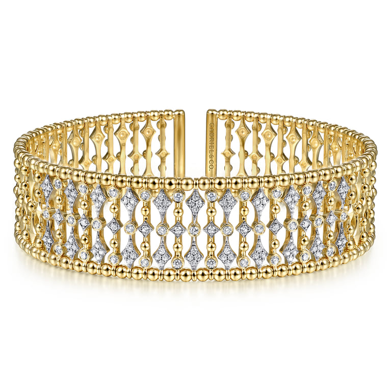 Wide 14K Yellow Gold Cage Cuff Bracelet with Diamond Stations - 0.9 ct - Shot 1