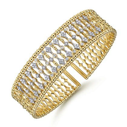Wide 14K Yellow Gold Cage Cuff Bracelet with Diamond Stations