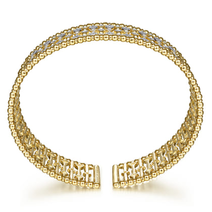 Wide 14K Yellow Gold Cage Cuff Bracelet with Diamond Stations