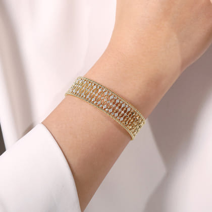 Wide 14K Yellow Gold Cage Cuff Bracelet with Diamond Stations