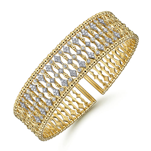 Wide 14K Yellow Gold Cage Cuff Bracelet with Diamond Stations - 0.9 ct - Shot 2