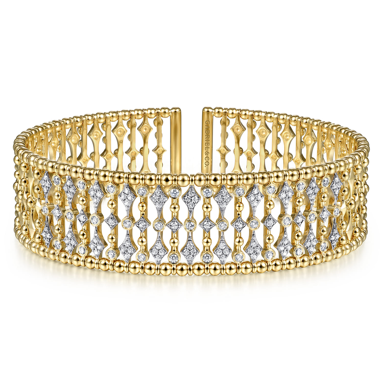 Wide 14K Yellow Gold Cage Cuff Bracelet with Diamond Stations - 0.86 ct - Shot 1