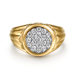 Wide 14K Yellow Gold Cluster Diamond Mens Ring in High Polish Finish