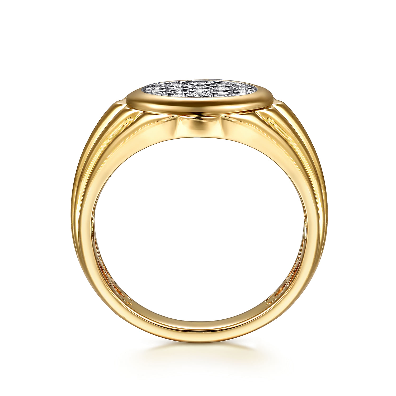 Wide 14K Yellow Gold Cluster Diamond Mens Ring in High Polish Finish