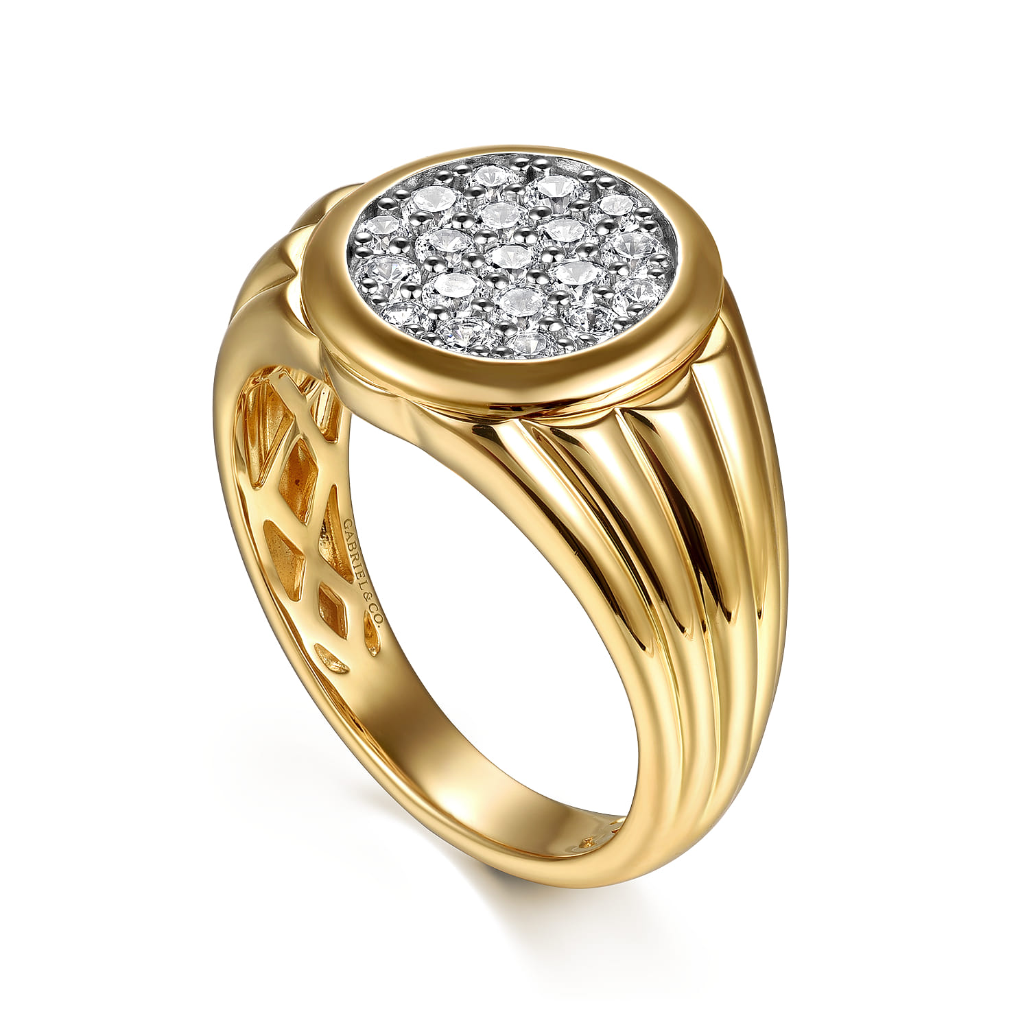 Wide 14K Yellow Gold Cluster Diamond Mens Ring in High Polish Finish