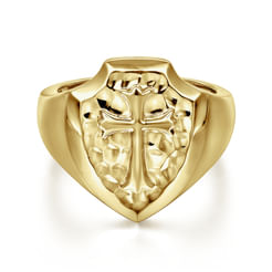 Wide 14K Yellow Gold Cross Signet Ring in High Polished Finish