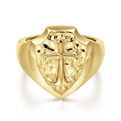 Wide 14K Yellow Gold Cross Signet Ring in High Polished Finish