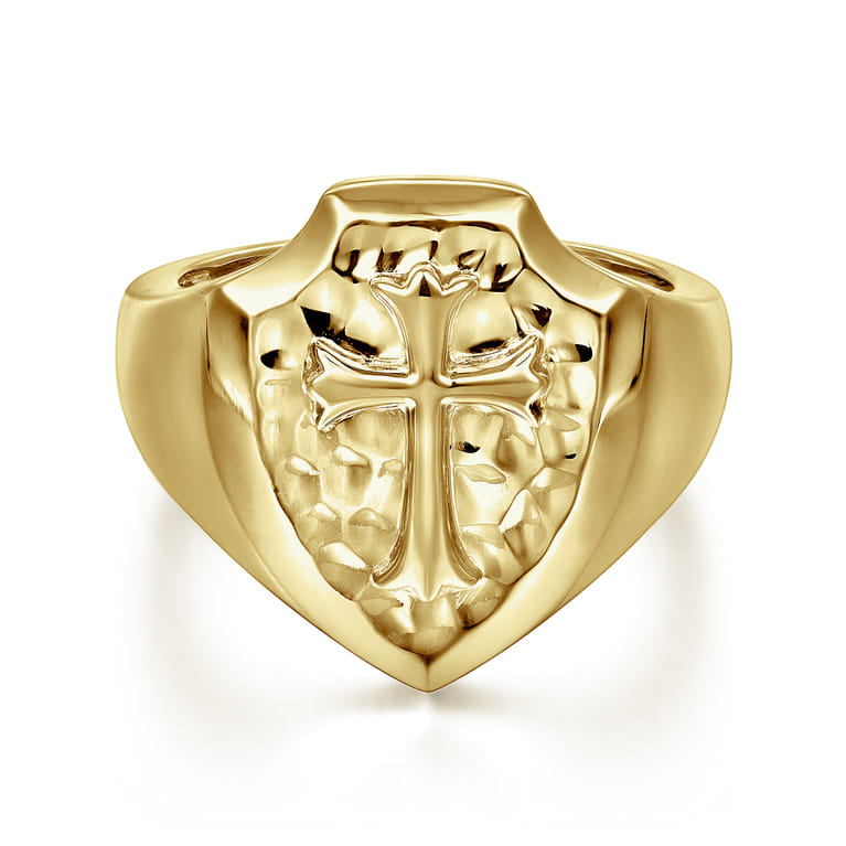 Wide 14K Yellow Gold Cross Signet Ring in High Polished Finish - Shot 1
