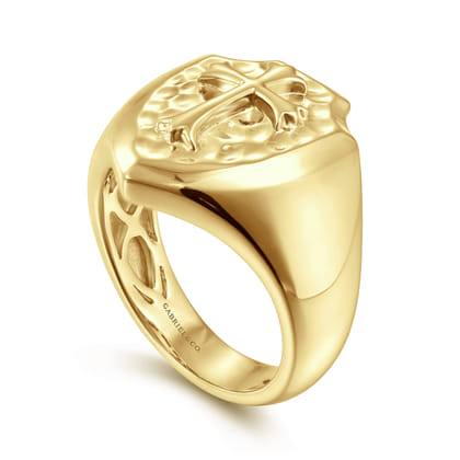 Wide 14K Yellow Gold Cross Signet Ring in High Polished Finish